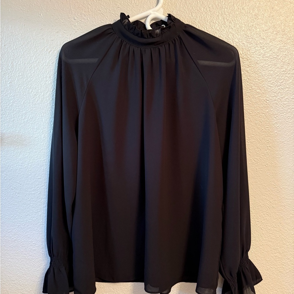 Soprano Black Ruffle Mock-Neck Long Sleeve Blouse